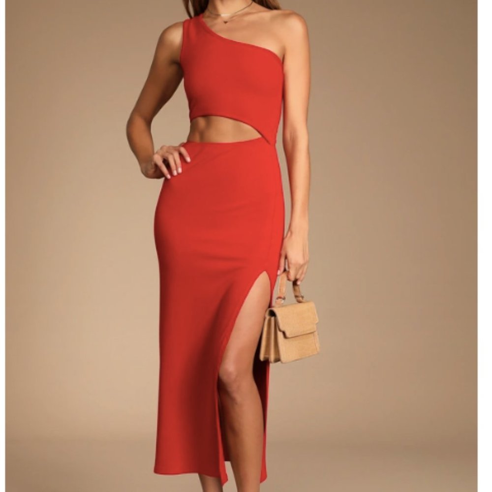 Red Ribbed One-Shoulder Cutout Midi Dress